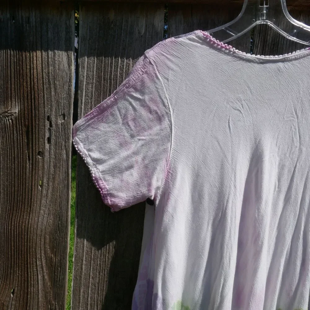 Sakkas Tunic Top One Size Boho Short Sleeve Palm Trees Crochet Trim Pink Blush - Picture 8 of 9
